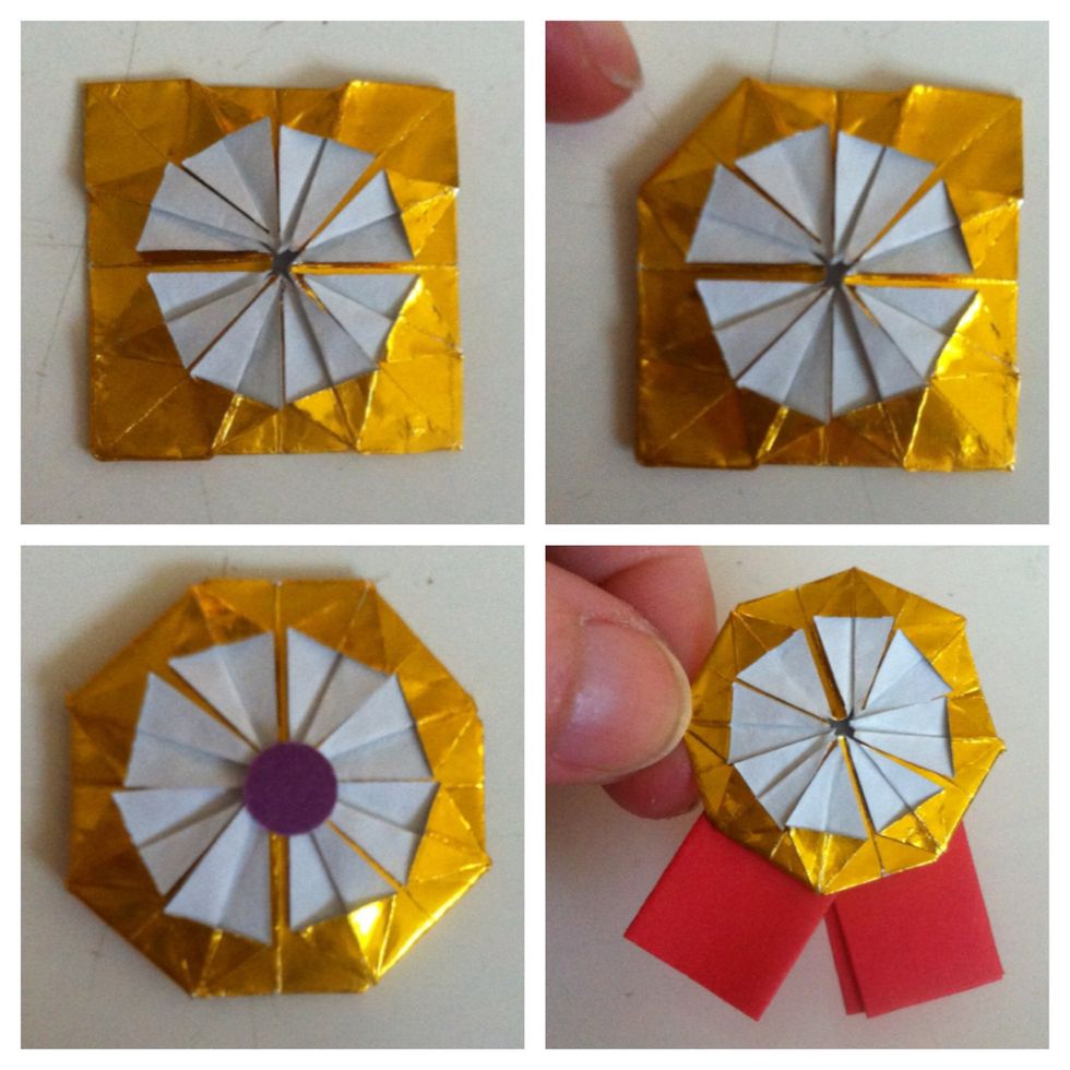 All squashed flat (pic1). Now fold each corner back (pic2). You can glue those back. You can glue a circle in center (pic3) or make a medal (pic4). Add a bigger circle in center to say what it's for.
