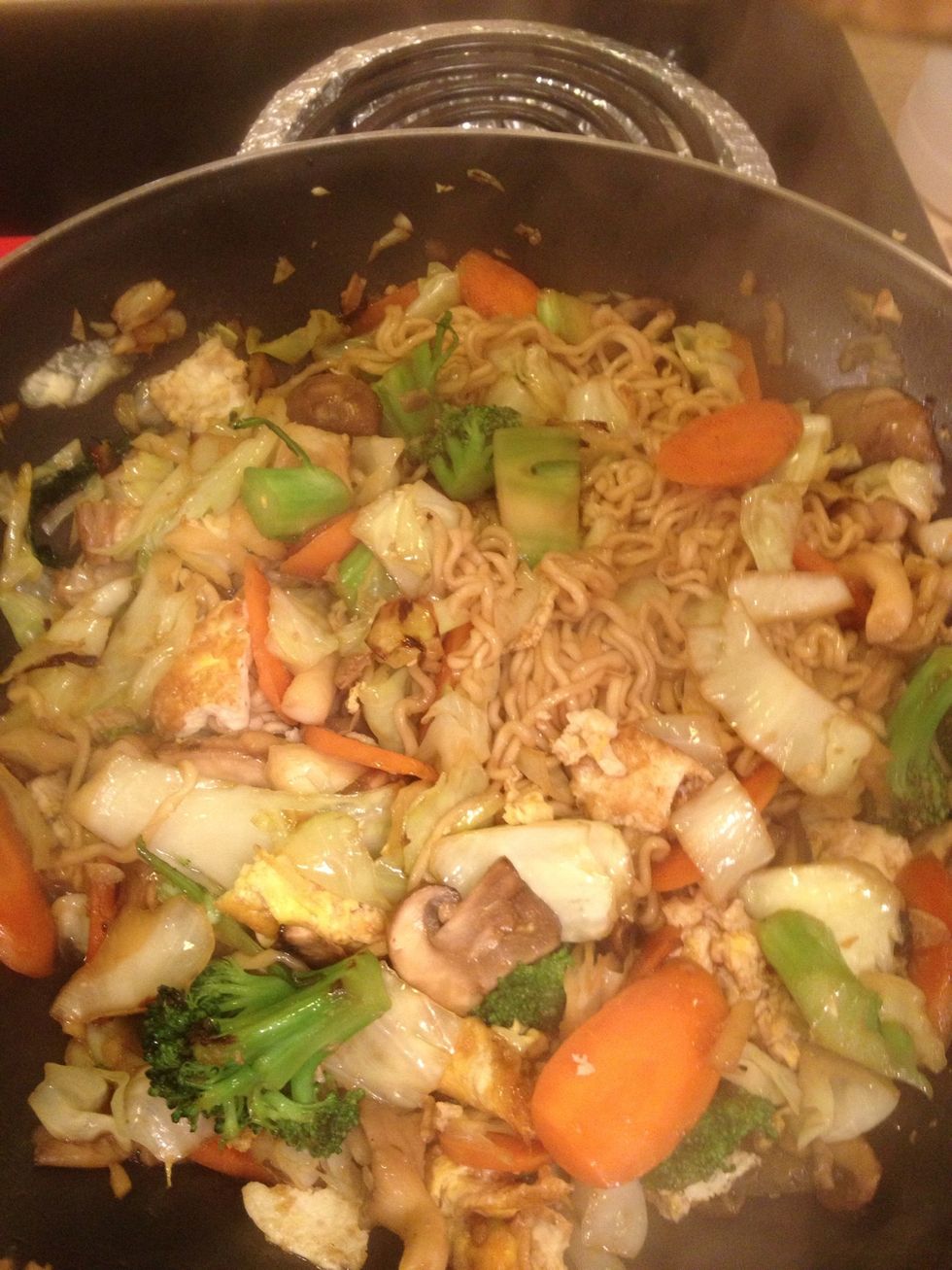 All stirred up and everything looks done. Now taste a piece of veggie. If its bland, add more sweet soy or soy. I actually added a tablespoon of mushroom seasoning at this point.