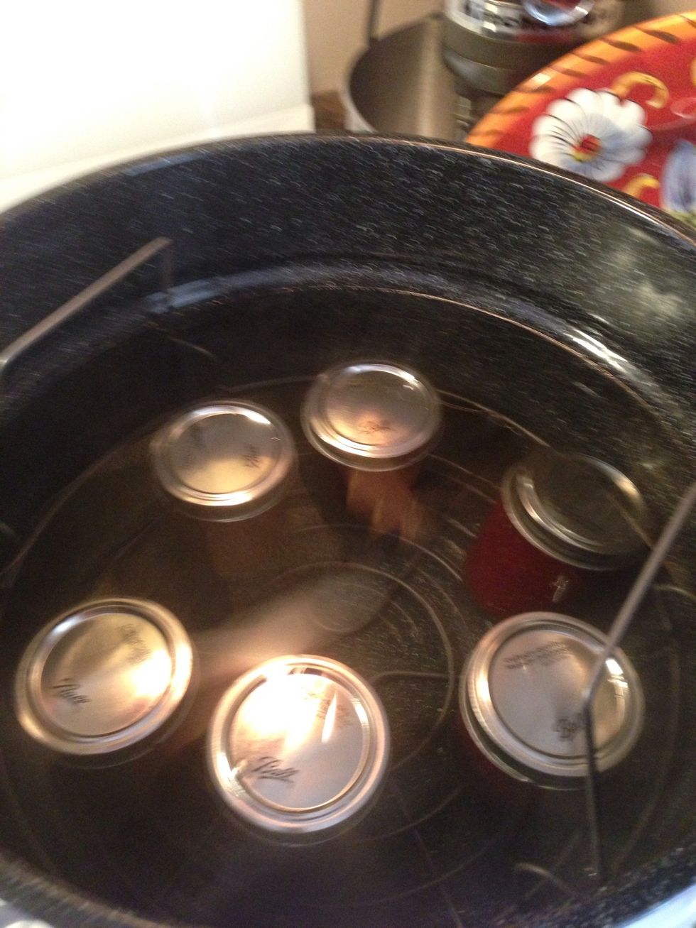 All the jars in the pot, you want the water to come 1-2 inches over the tops of the jars. Turn the heat up and once it starts to boil set the timer for 5 minutes.