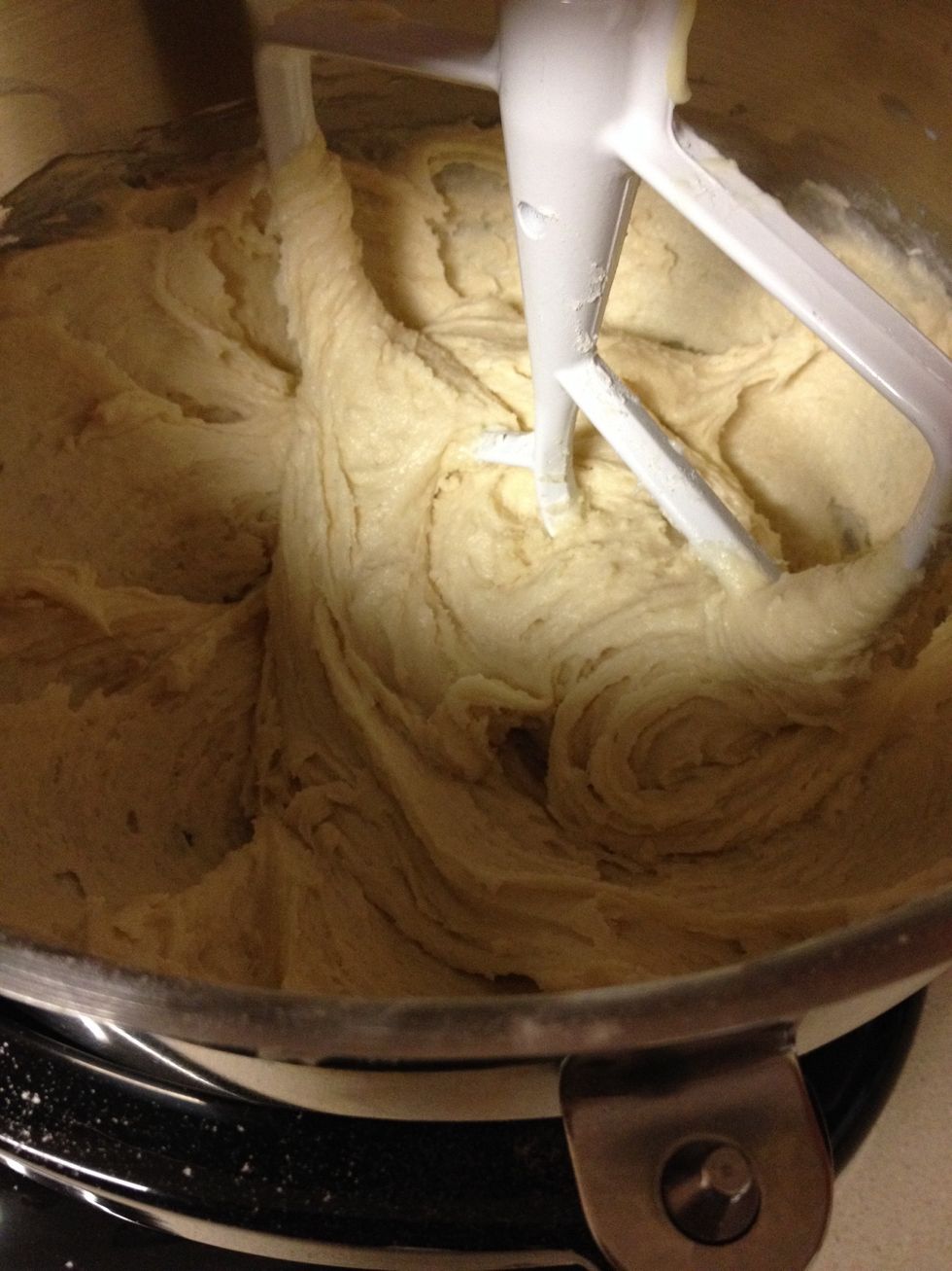 All the milk has been incorporated.  Now add the eggs and vanilla, one at a time.