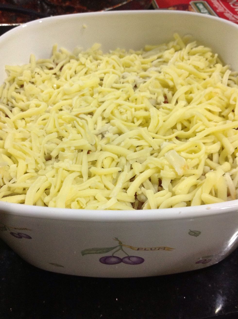 ALL THE REMAINING CHEESE! Reminder: last layer will not have ricotta. Only Monterey Jack and mozzarella.