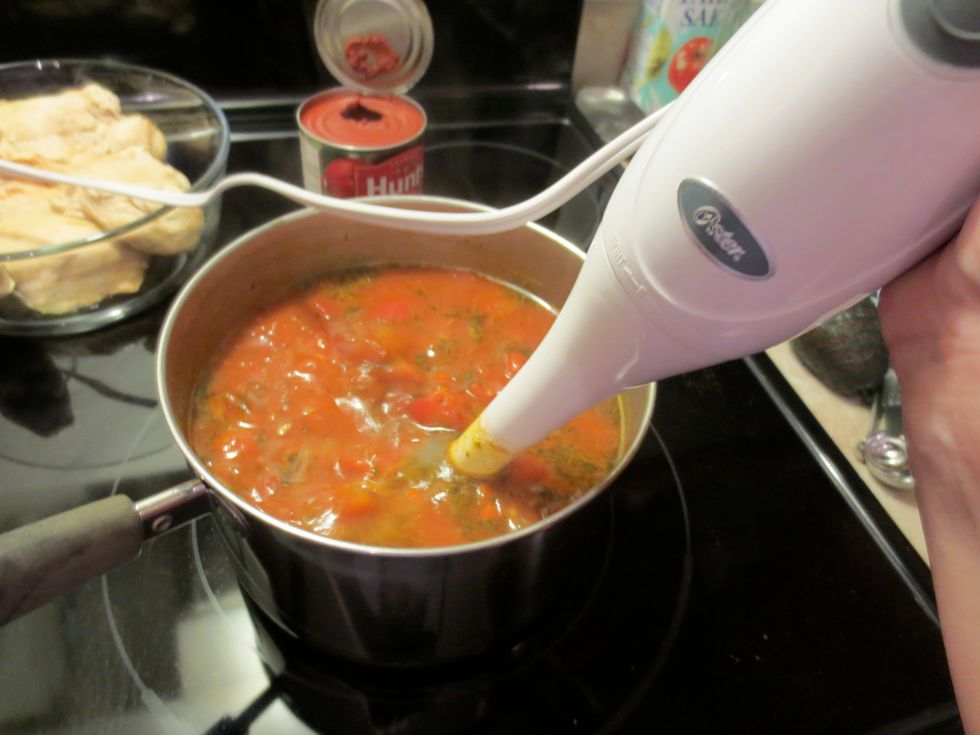 all the veggies are cooked through, now puree the sauce with a handheld blender, or you can blend in batches in a regular blender. I've also used a food processor to blend sauces.