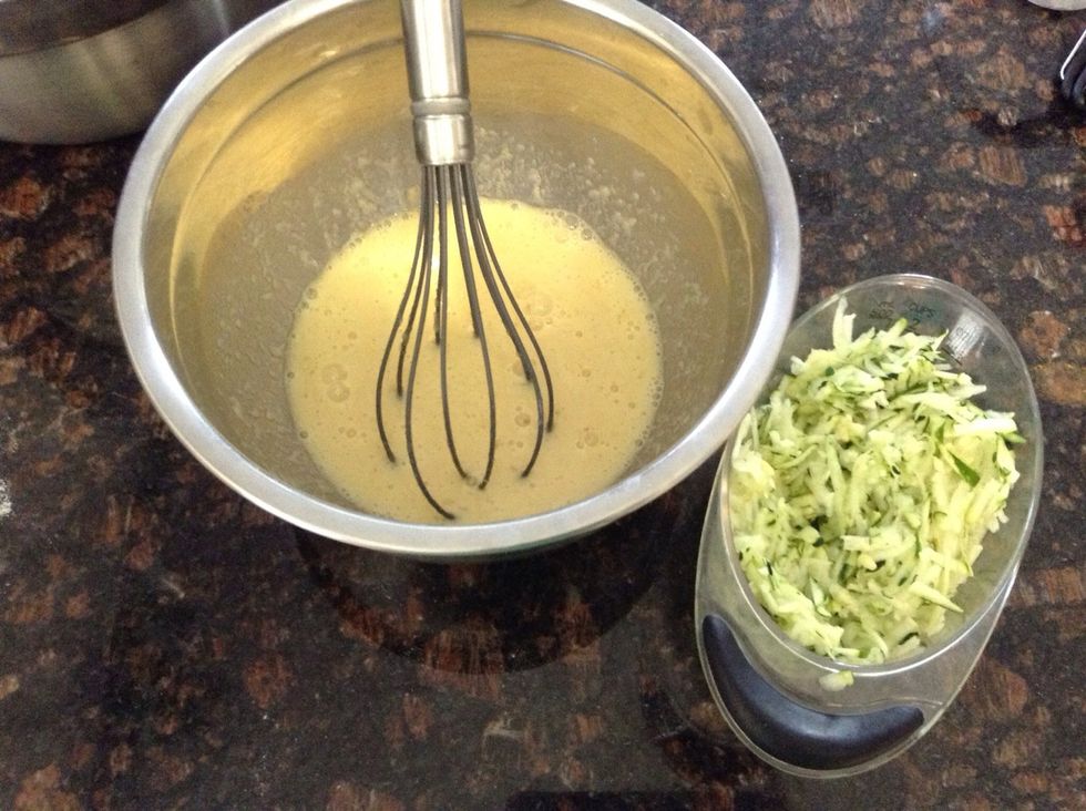 All wet ingredients well whisked together, now time to add the zucchini.