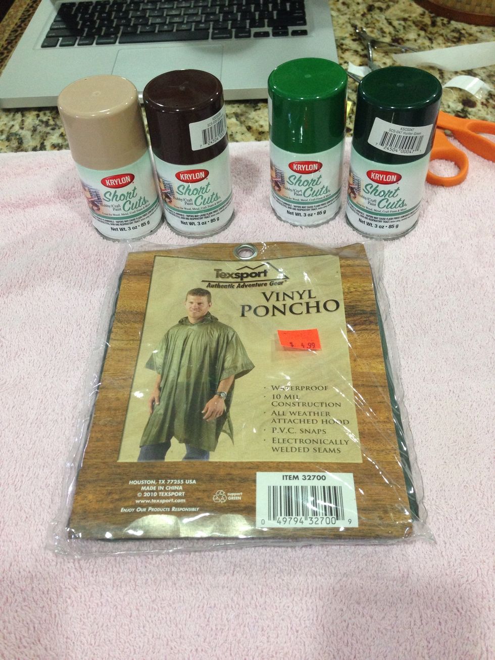 All you need for this tutorial are four spray paint colors from your local hardware store and one poncho. You can find these anywhere. I got mine at the Ranger surplus store.
