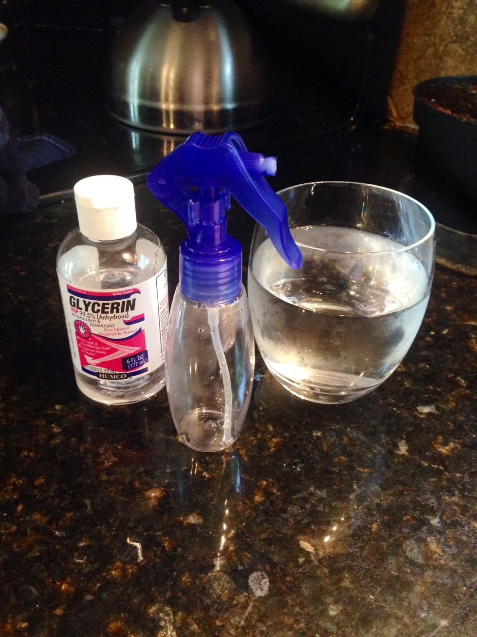 All you need is a misty spray bottle, glycerin, and distilled water. You can find glycerin for about $2 to $3 a bottle at your pharmacy, and it has tons of uses!