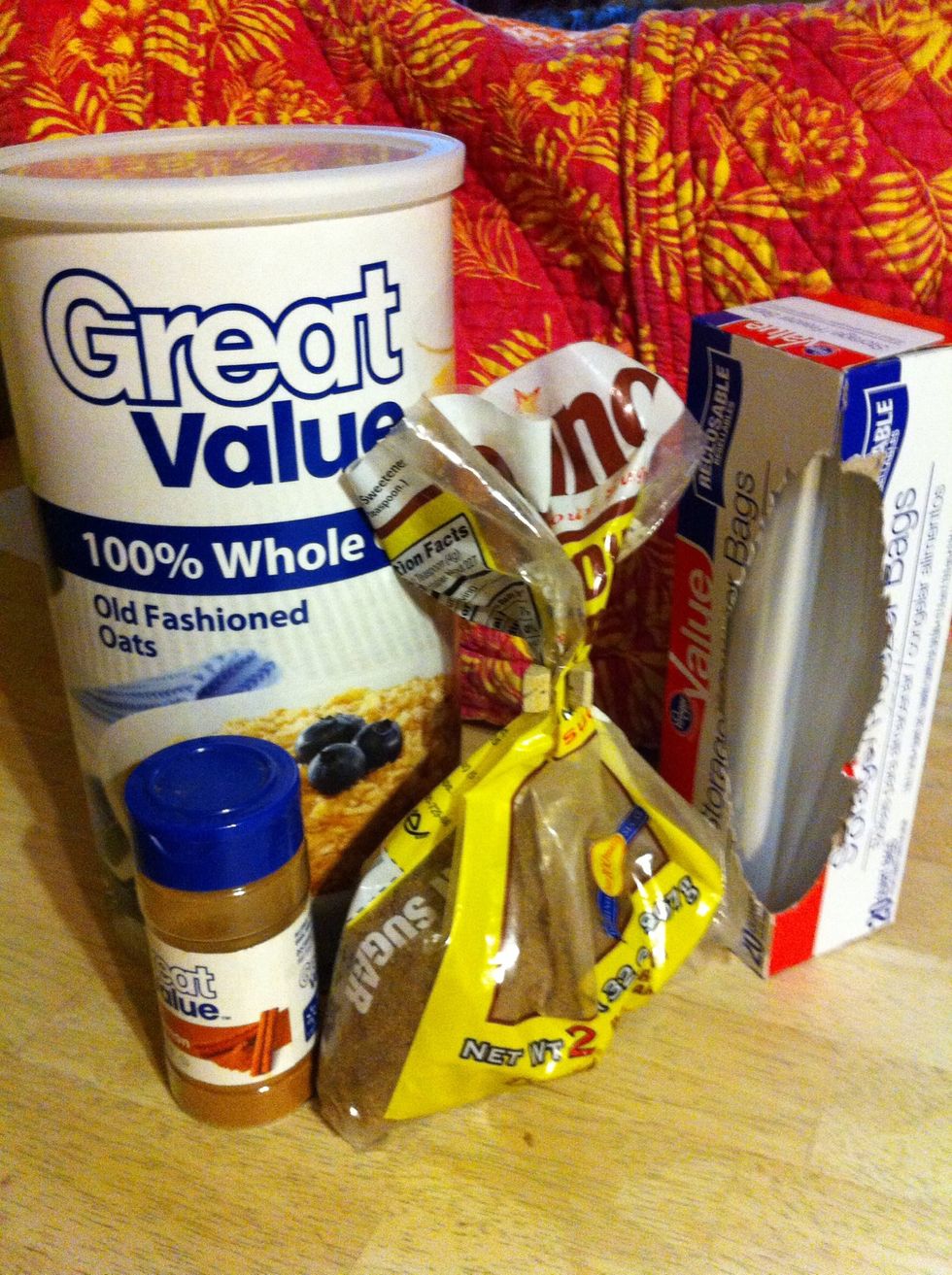 All you need is ..Oats..(any kind will work), mine is Old Fashioned Whole Grain, brown sugar..(could replace with white sugar if desire), and cinnamon..(which is optional of course), and baggies.