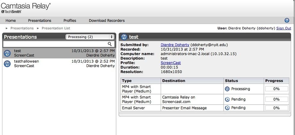 All your screencasts and their details are listed here once you sign in. The status of the current recording being processed is also viewable from this location as well.