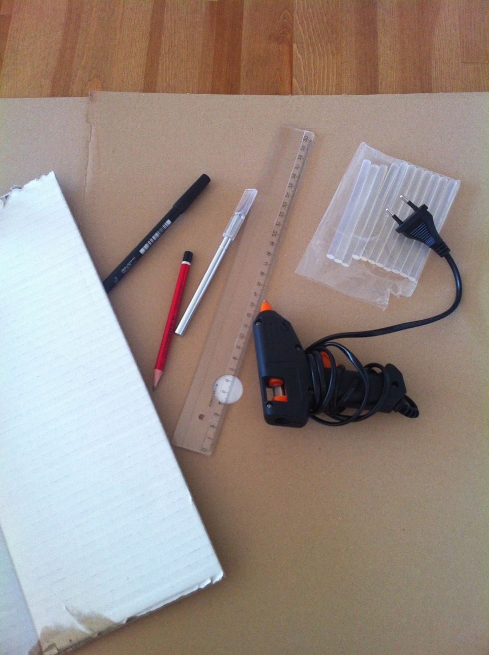 All your stuff put together. Make sure the cardboard you use is stiff, so it holds. Not too thin but also not too thick. A cardboard box is good.