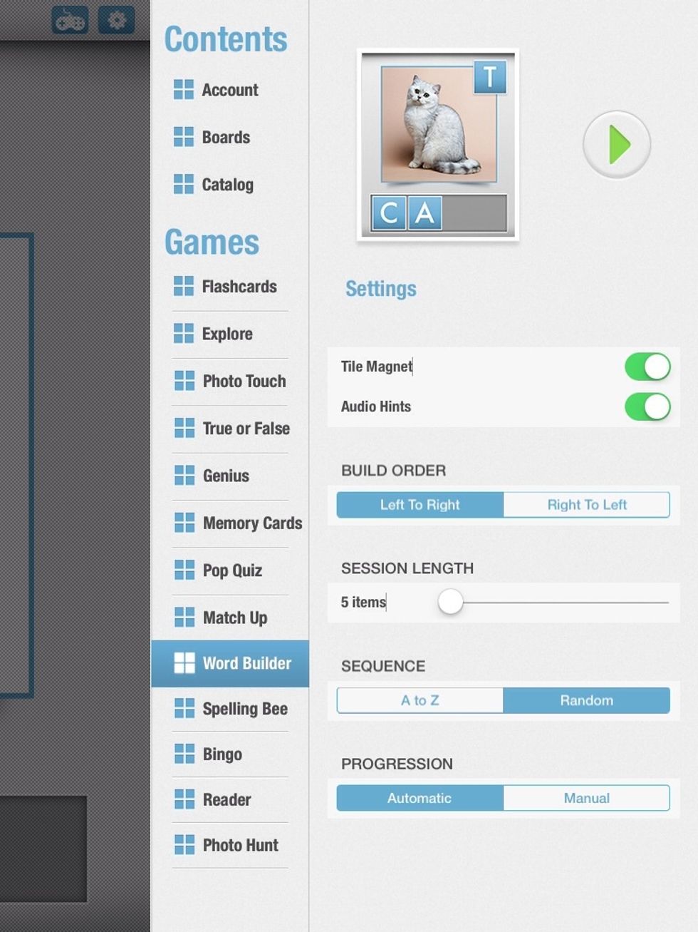 Alla spelen har inst\u00e4llningar som g\u00e4ller f\u00f6r just det spelet. H\u00e4r har jag tittat p\u00e5 inst\u00e4llningarna i Word Builder och hade f\u00f6rv\u00e4ntat mig ett reglage f\u00f6r gemener eller versaler.