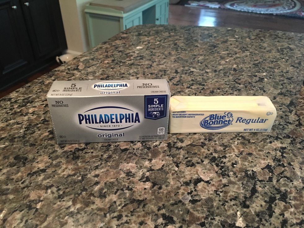 Allow an 8 ounce package of cream cheese and 1/2 cup of butter to soften before mixing.