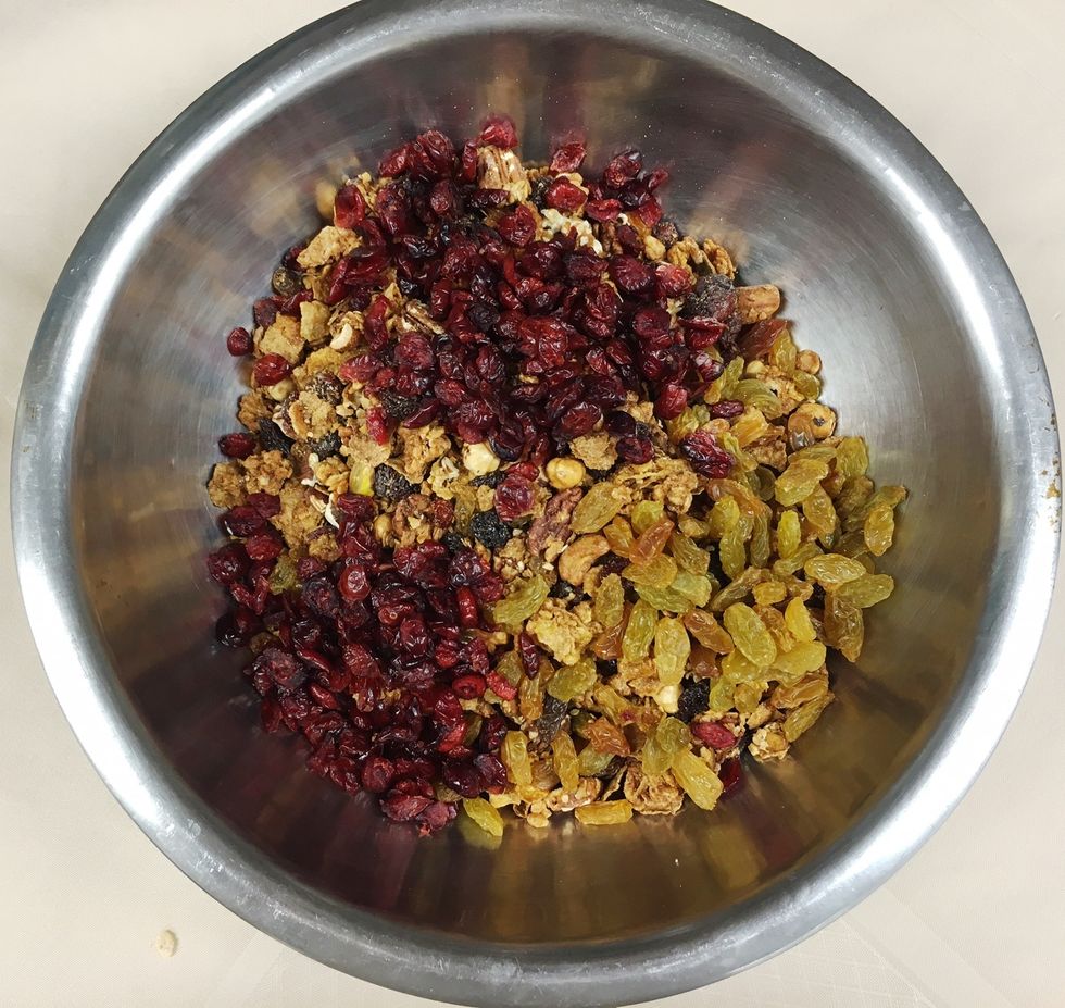 Allow granola to cool. Once cool break each in to clusters and mix all together with the dried fruits.