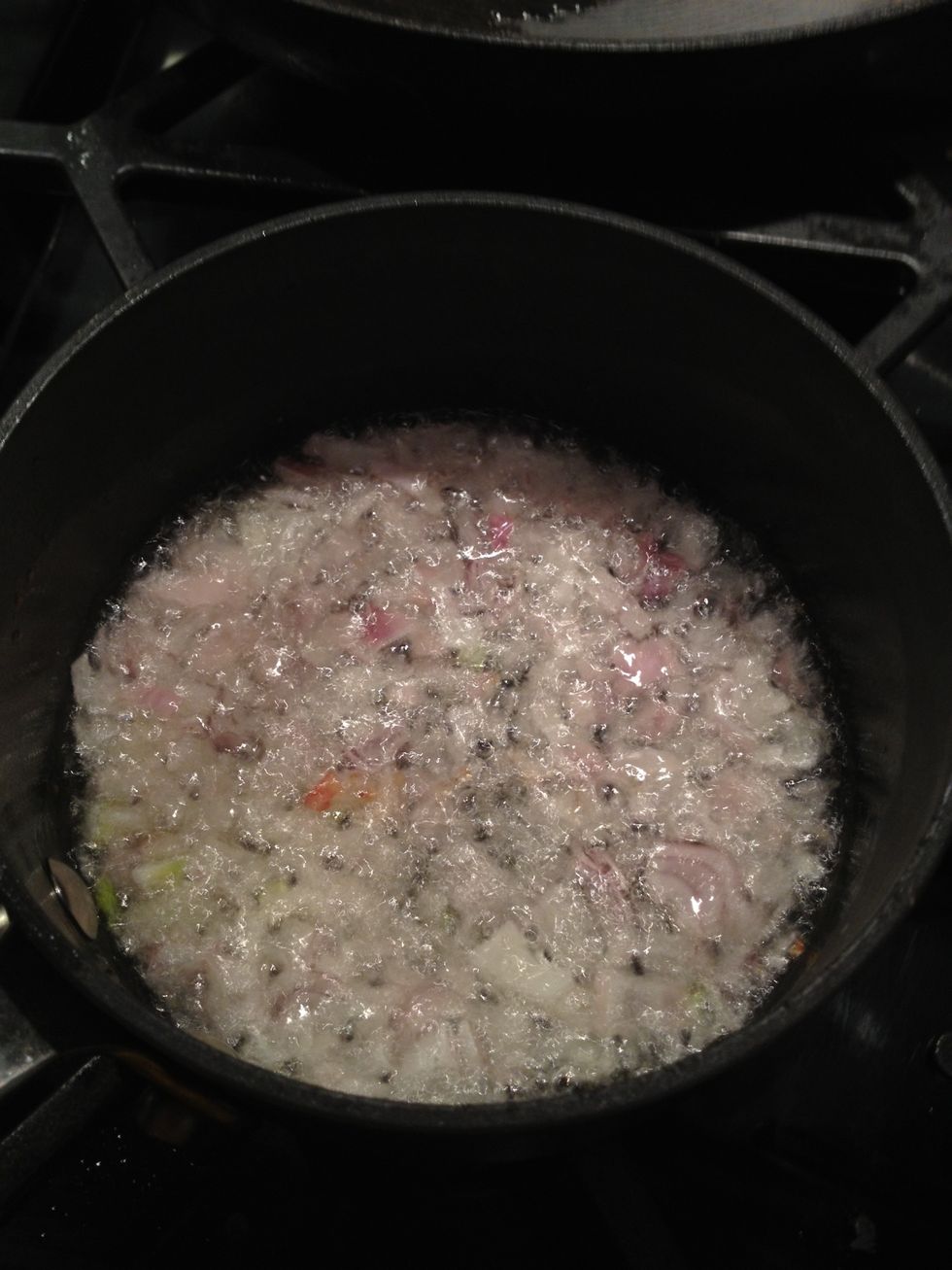 Allow pan to heat on med to low heat. When shallots hit pan, sizzle sound should be heard. Immediately turn heat to low.