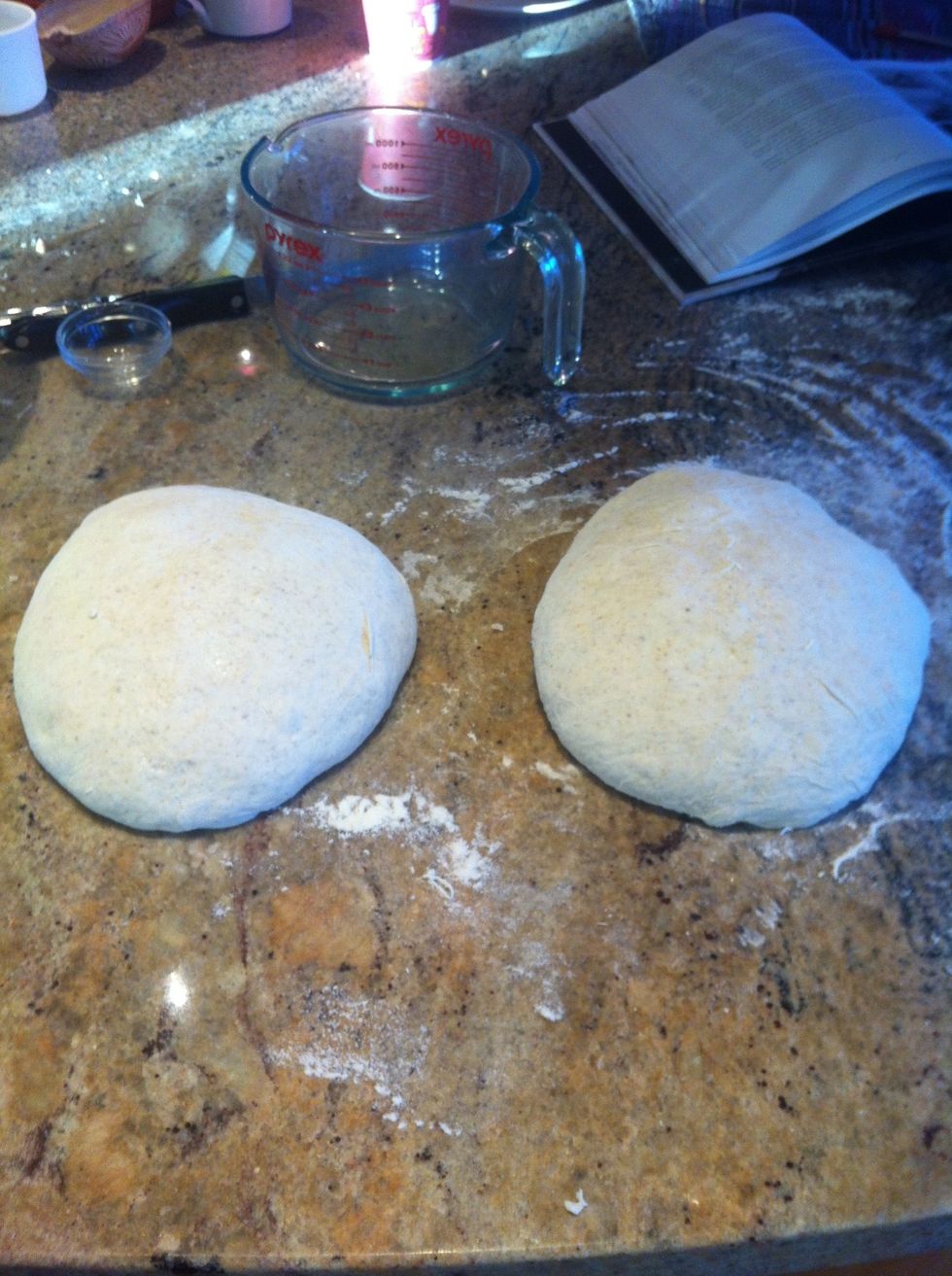 Allow the two loaves to sit for 10 to 20 min., which is called the bench rest.