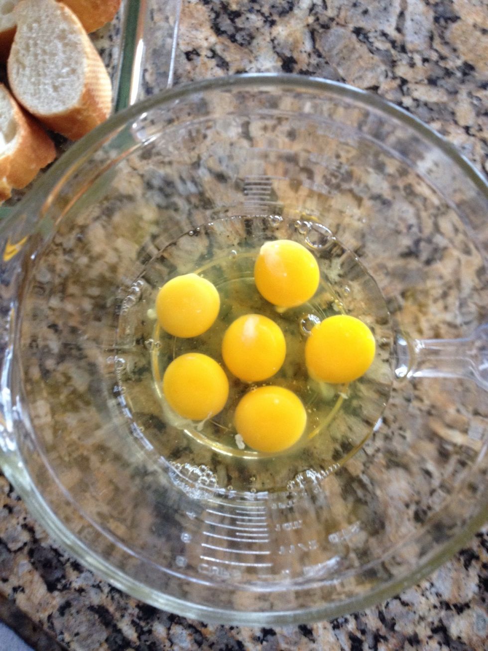 Allow to cool just a bit, and in separate dish, add 6 eggs