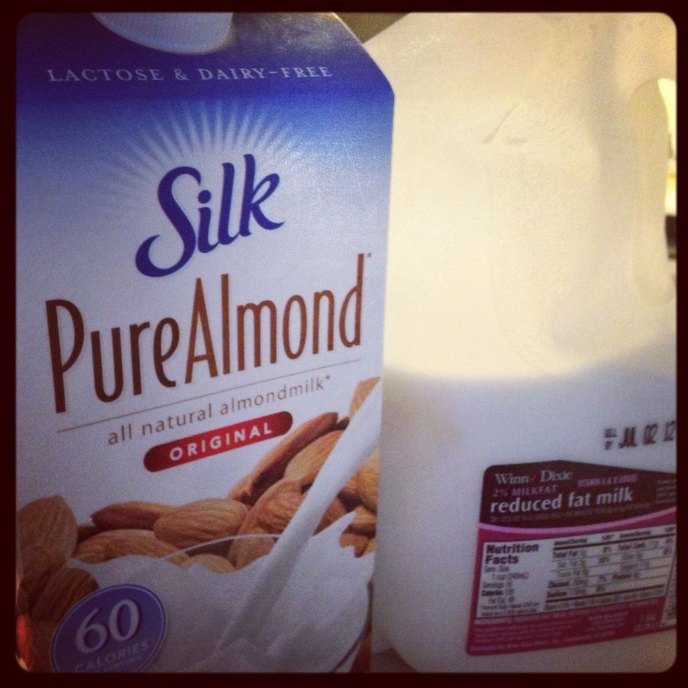Almond milk and milk of your choice. I use 2% milk. You can use coconut, soy or rice milk if you prefer. I hear it's really good with coconut milk.