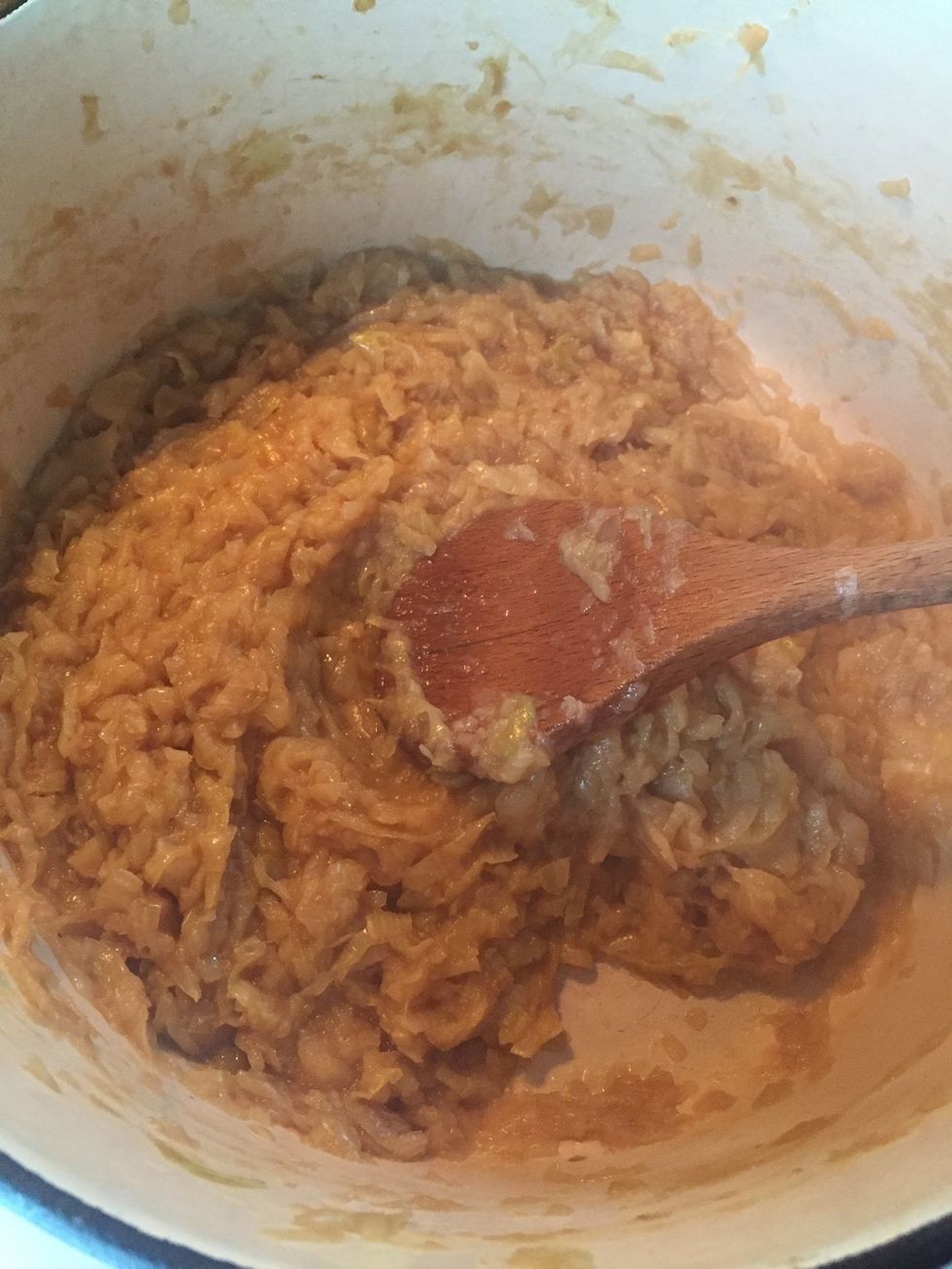 Almost done with caramelizing  the onions.  Add 1/4-1/2c of dry sherry.  Continue to cook.  Once completely done add flour to onions and stir for a few mins.