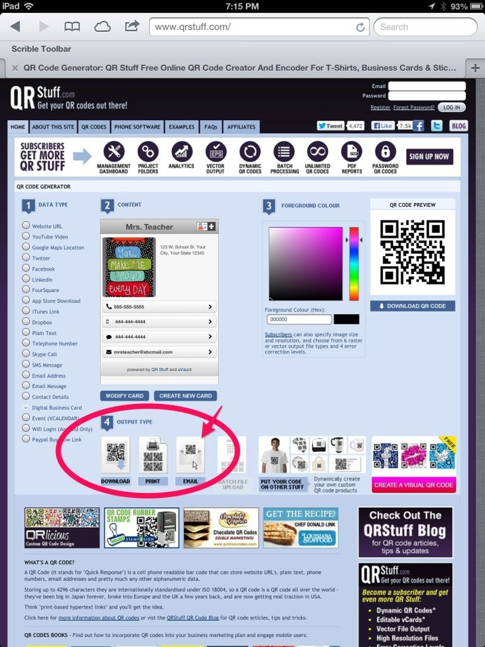 Almost finished! Your QR Code has been generated. Now, choose your output type. I've chosen to email it to myself. You may print it out or download it.