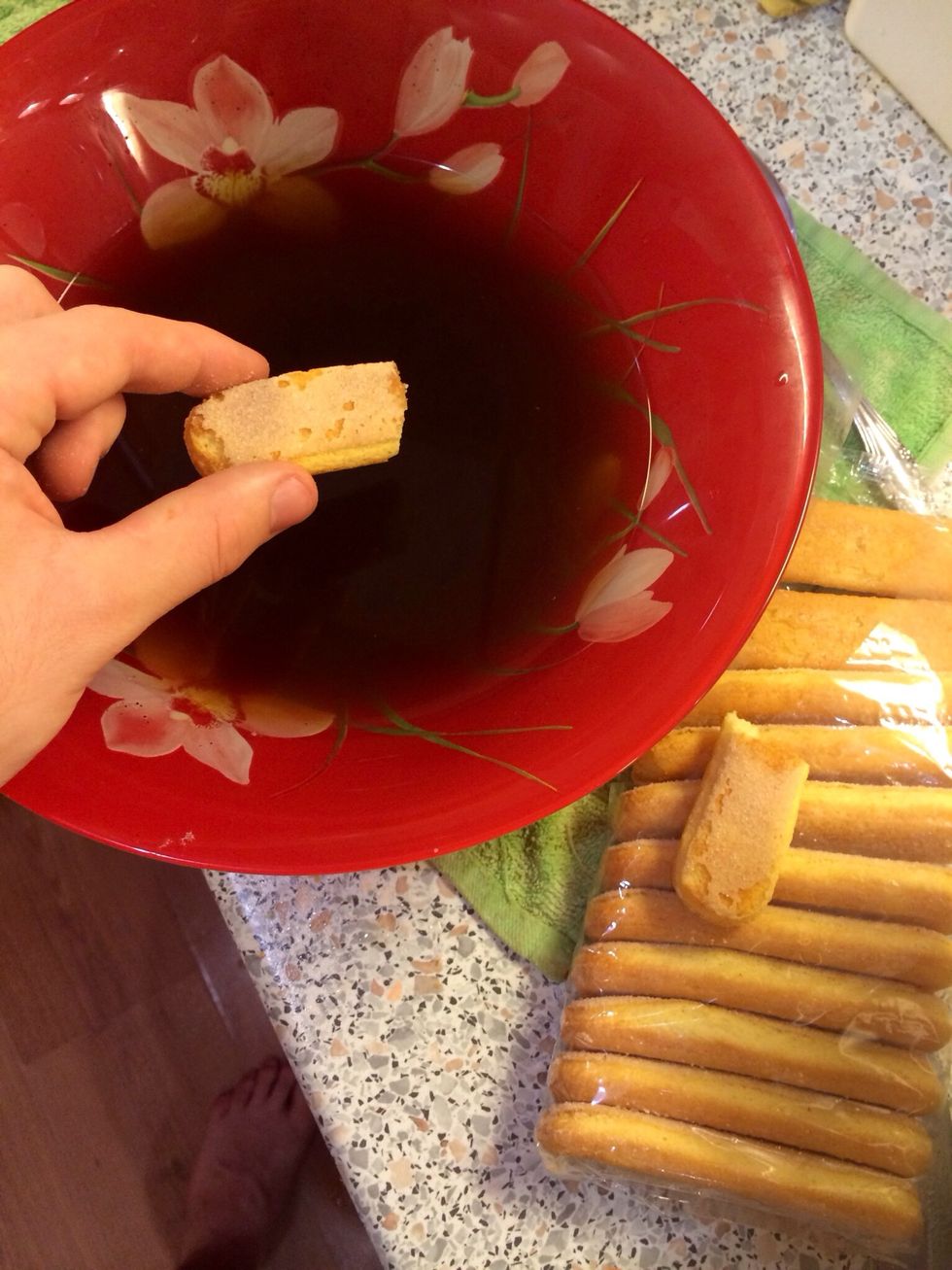 @almost ready: Take ladyfingers and soak them in the coffee bowl