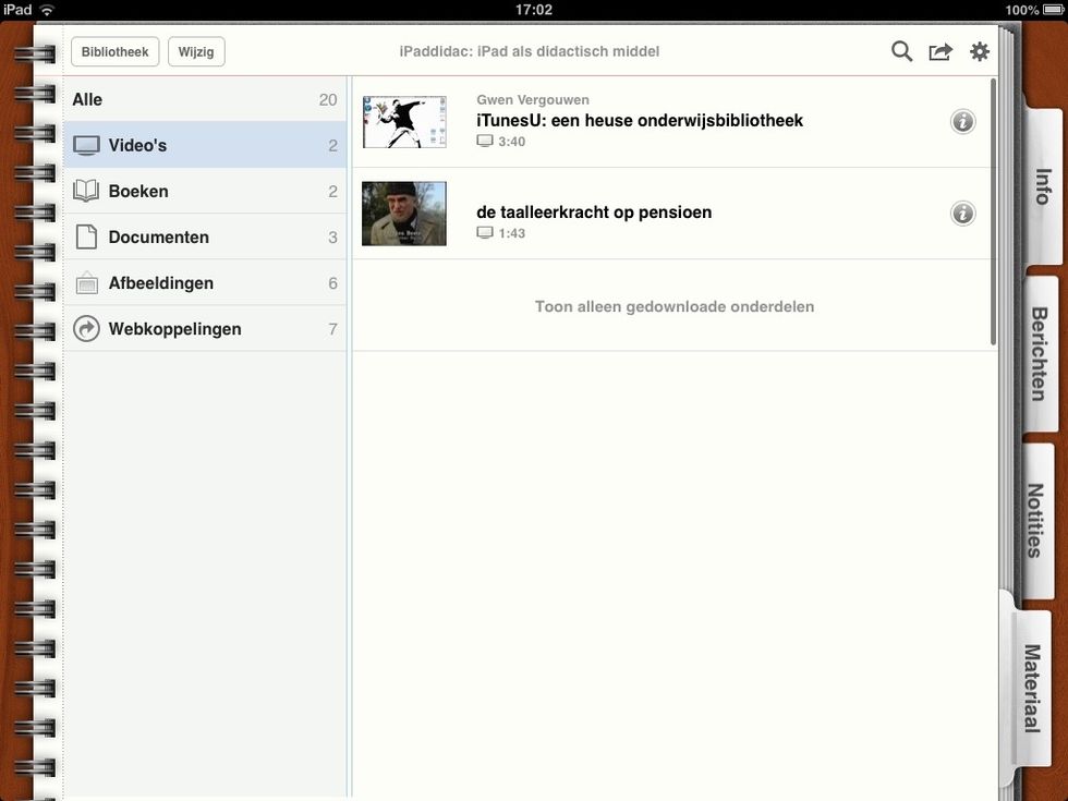 Als je de iPad horizontaal houdt, zie je rechts de verschillende rubrieken.  Tap op materialen en je krijgt een overzicht van de leerinhouden netjes gerangschikt volgens type.