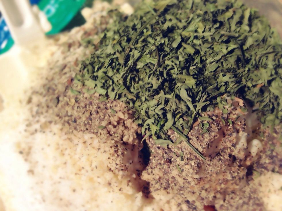 Also add Parmesan cheese, pepper, parsley, and salt.