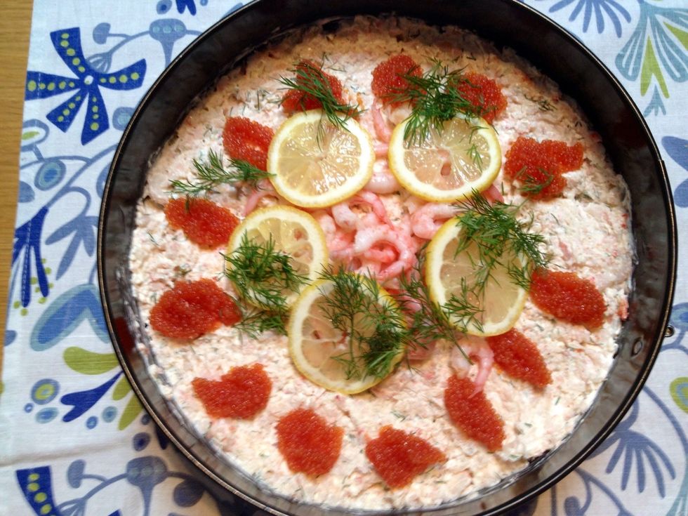 Also add sliced lemon and fresh dill. The "cake" can either be served as an entree or on a buffet.