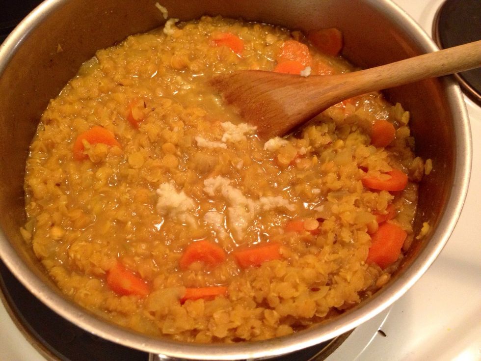 Also add the garlic. As you might notice my lentils got a bit mushy, but the soup still tasted great.