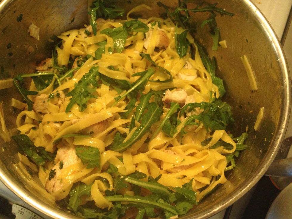 Also add the parsley & lemon oil as well as the rocket. At this point you can also add some of the saved pasta water. It will give the dish a "saucy" character.