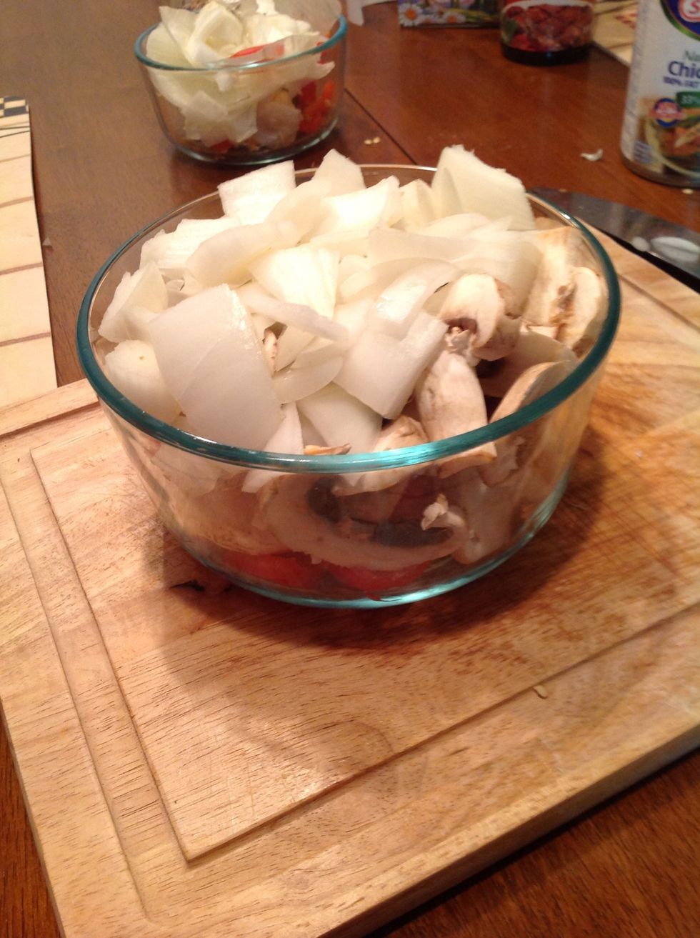 Also chop up your 1 white onion and mushroom(s) about 4 whole ones. Place in a bowl and set aside for later.