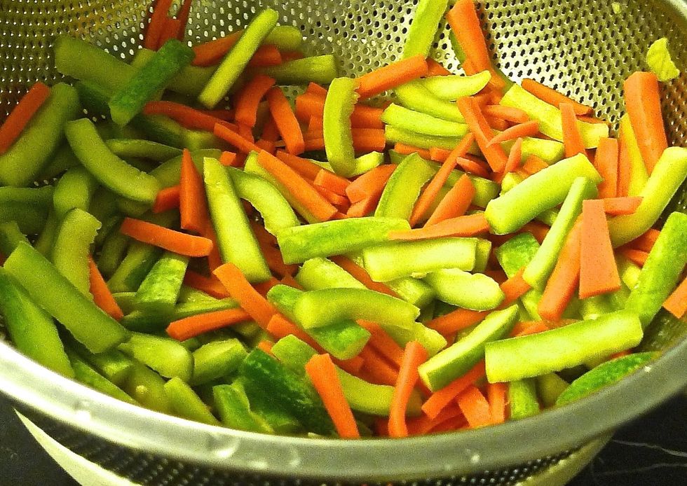 Also drain and dry the cucumber and carrot strips.