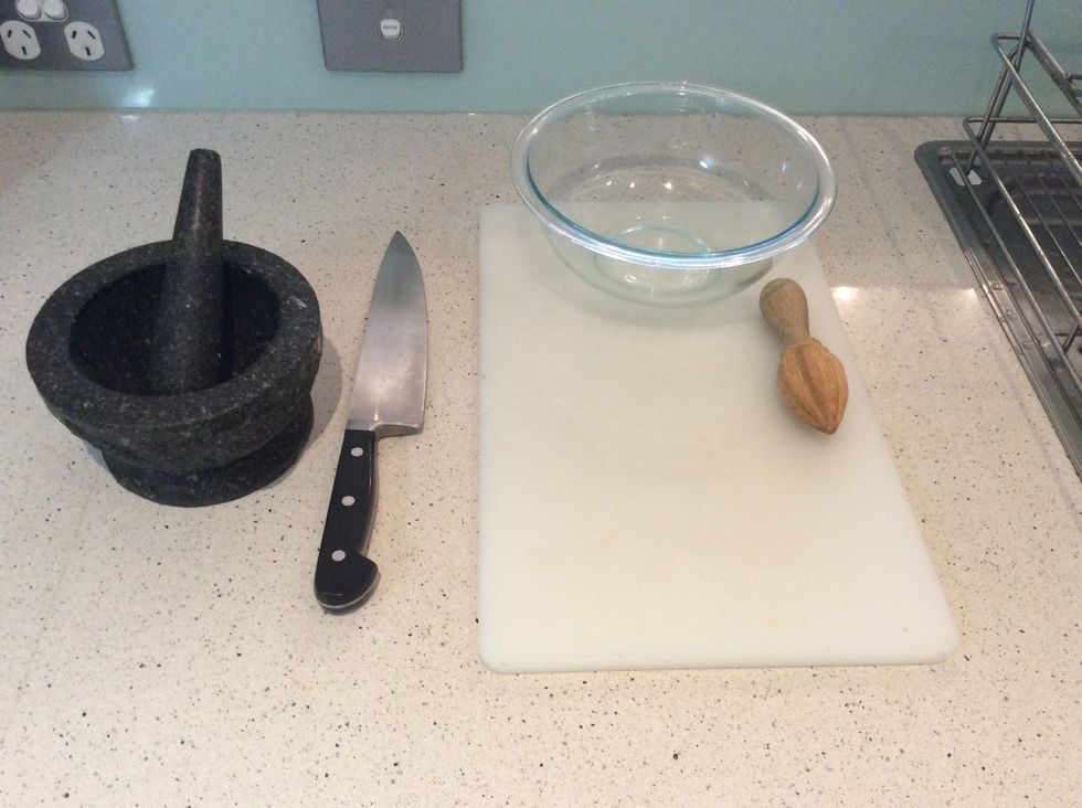 Also have the utensils  1.) pestle and mortar  2.) sharp knife  3.) medium glass bowl  4.) chopping board  5.) juicer.