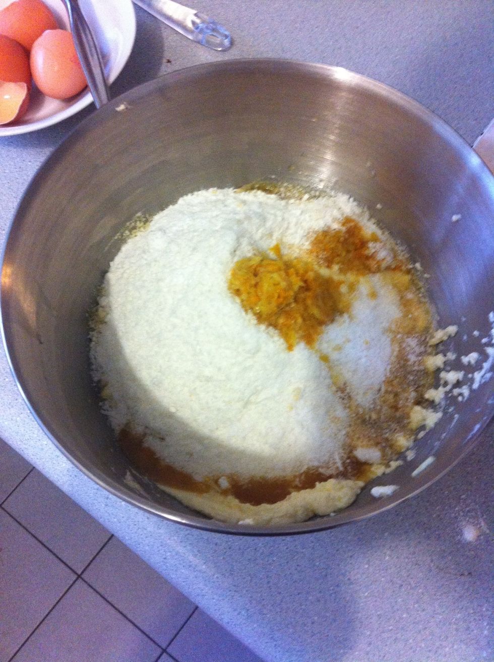 Also throw in the lemon and orange zest, lemon and orange juice, and vanilla essence.