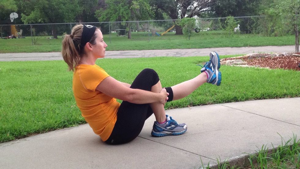 Alternate legs. 10 more up and downs with leg rotated out.