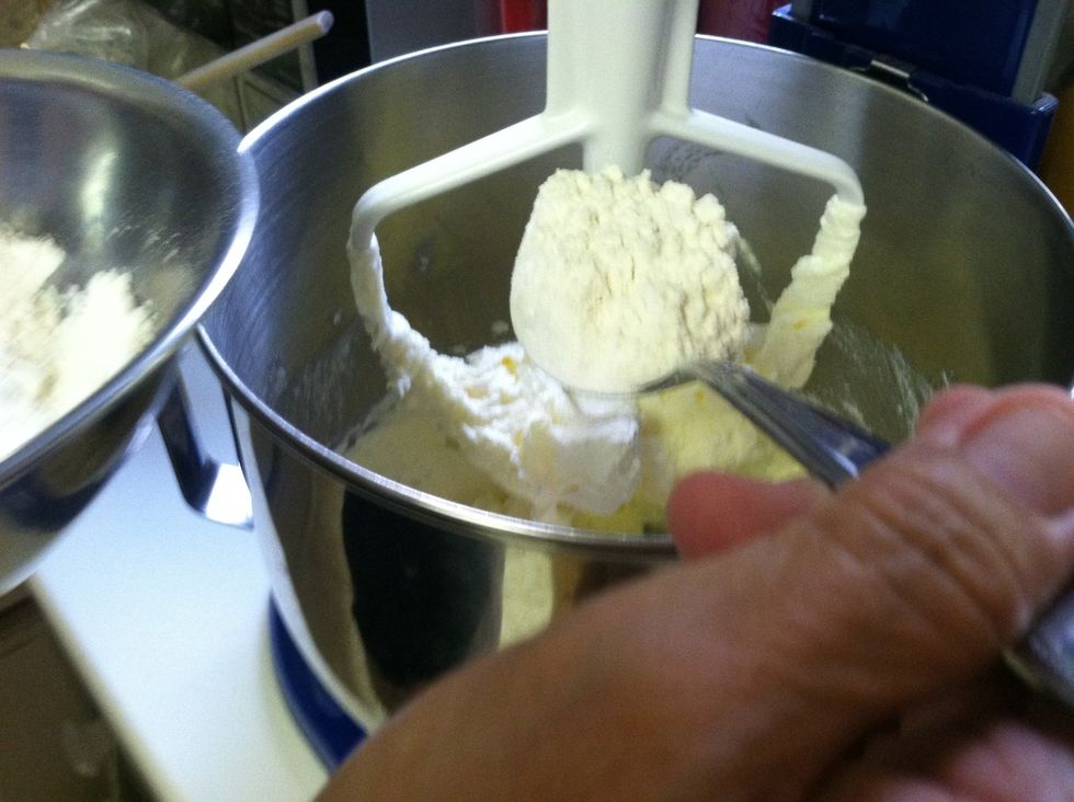 Alternately add the dry ingredients with bananas. Add one third of the flour. Do not overmix or gluten will form. Add half of the bananas and blend in a little. Add second third of flour and blend.