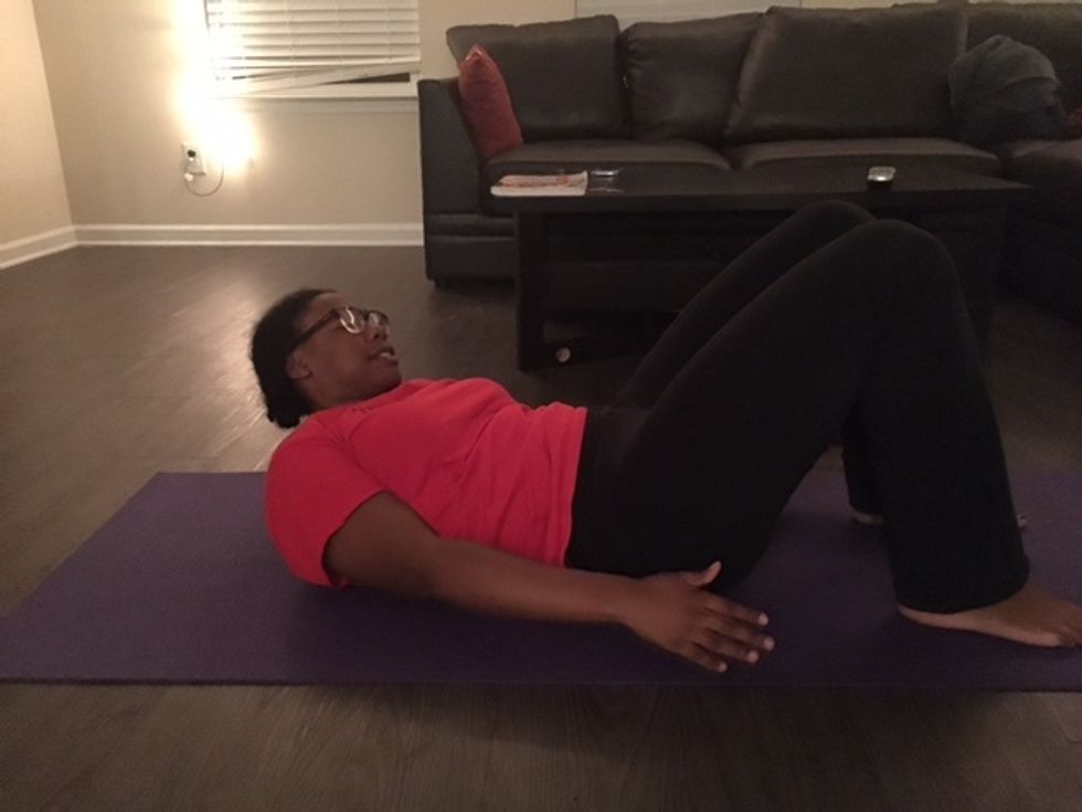 Alternating Oblique Taps - Lift your shoulders off of the ground and alternate back and forth touching your hands to the outside of your foot. Rest between sets & do enough to work both sides.