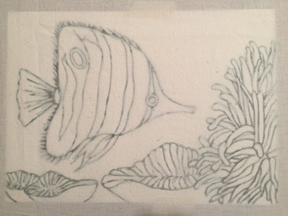 Although the glue will dry clear, you will still be able to see the pen drawing underneath and use it as a guide while you are painting with the tempera paint.