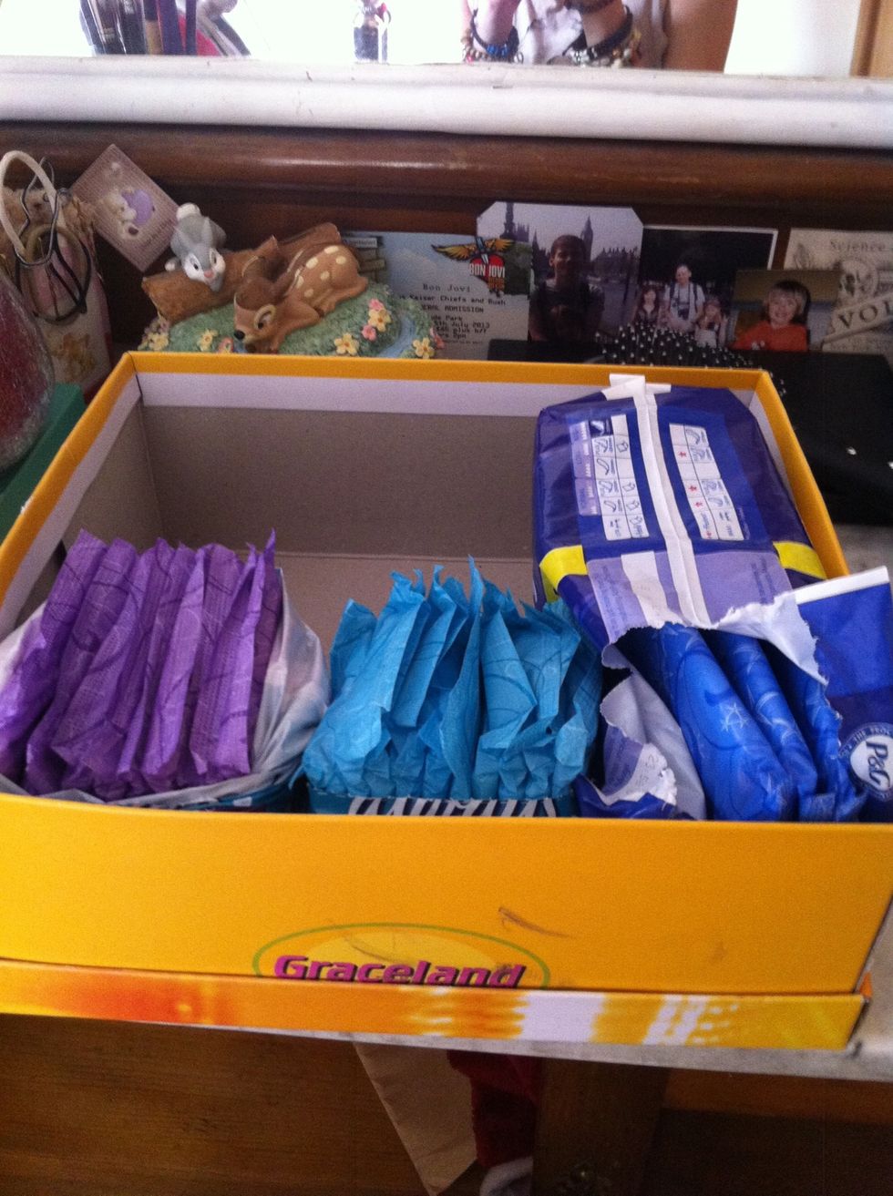Always insure you have plenty of supplies. This is how I keep mine in a cupboard, it makes them private yet easily accessible. Even if your not on, get pads if they're on offer, you will use them.