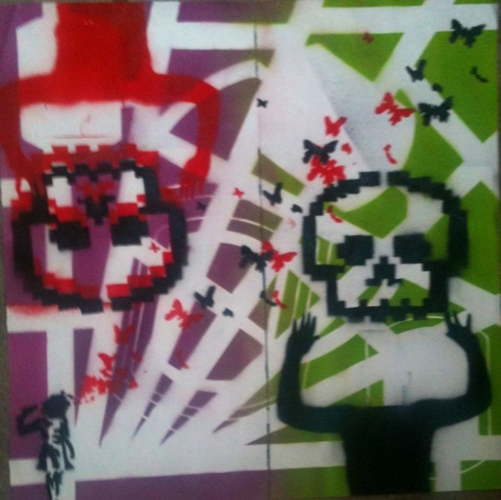 Aly sent me some photos of paintings she had created using a taped background for her stencilling.  She has allowed me to share the painting(s) above and on thefollowing pages.