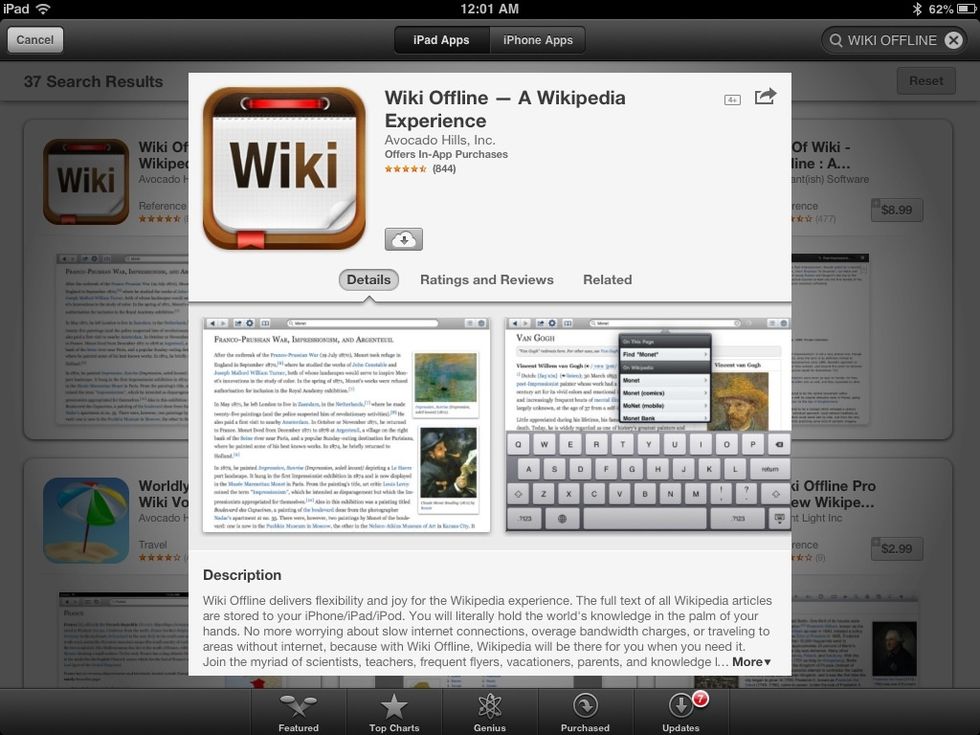 An OFFLINE WIKIPEDIA? Never knew that was possible!!! Good for a quick term search. This particular app has a 4GB download in English (no pictures).