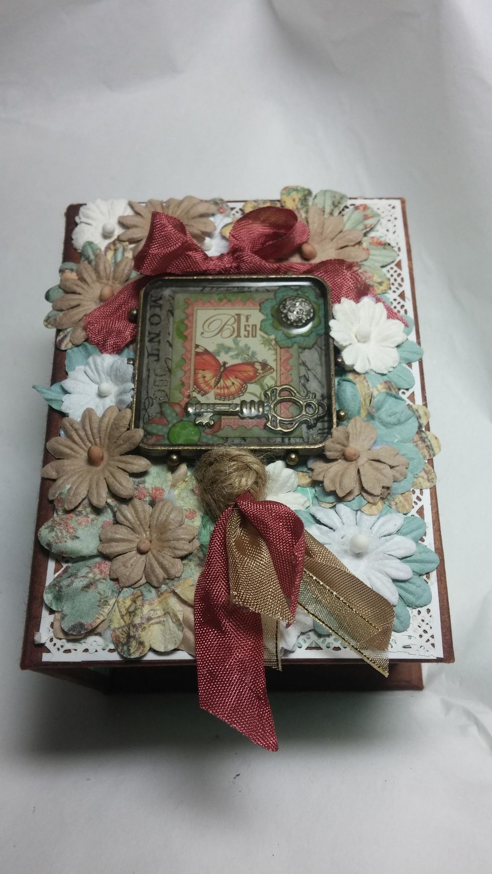 An old bezel I had made in another tutorial for Graphic 45 was the perfect fit for a focal on my box. This was made with the lovely Botanical Tea stickers, Ice Resin and some Graphic 45 Staples.