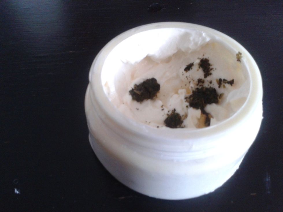 An option here is to to add wet tea leaves to enhance smell and exfoliate. Because I prefer the finer grind, I opened a used tea bag, but you can include the full leaf. I just prefer this look.