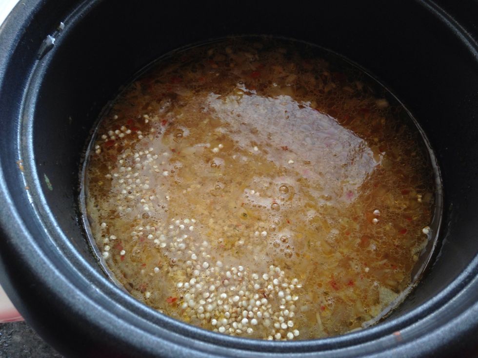 And add it. Put the lid on and let the rice cooker do its job! (If you are using a pot, once the water boils, reduce the heat down to low and simmer until the water absorbs, about 20min)