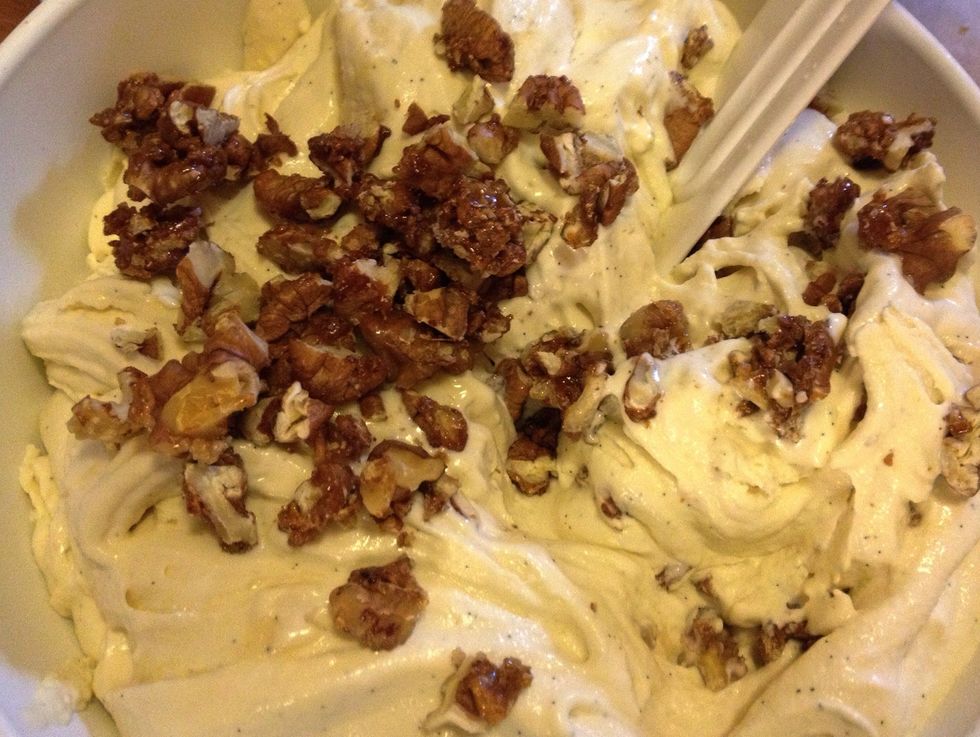 ..and add the sticky nuts. Put back in the freezer for another 30 minutes. Either you're done here or you add the boiled sweet condensed milk after another 30 minutes.