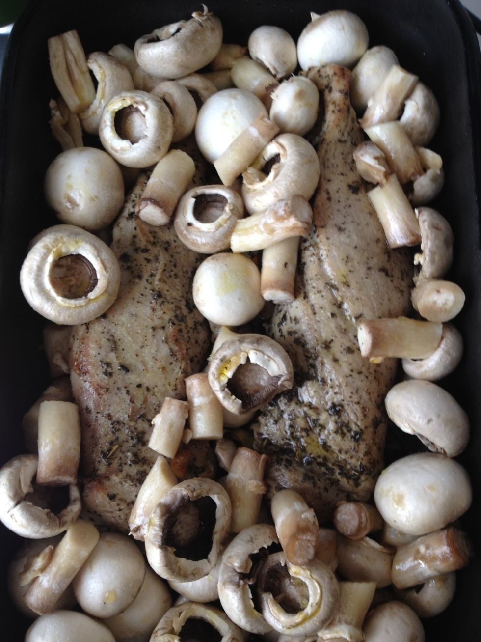 And add them to the pan. Lower temperature to 200 C and cook it for another 30 minutes