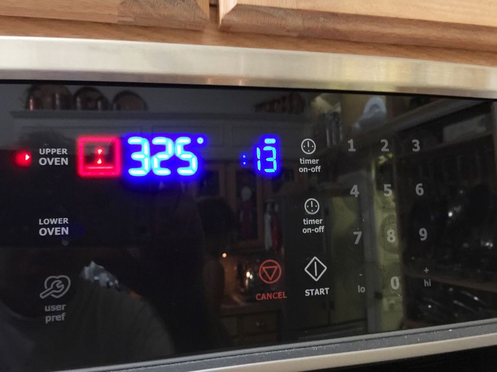 and bake for 13 - 15 minutes, rotating the sheet at about 7 minutes. The oven setting shows 325\u00b0 because of the convection conversion. Whatever YOUR oven requires to bake them until the look like..