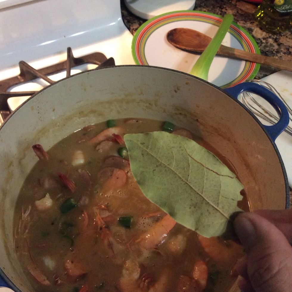And bay leaves.... Simmer for 15min, stirring occasionally; then take bay leaves out.