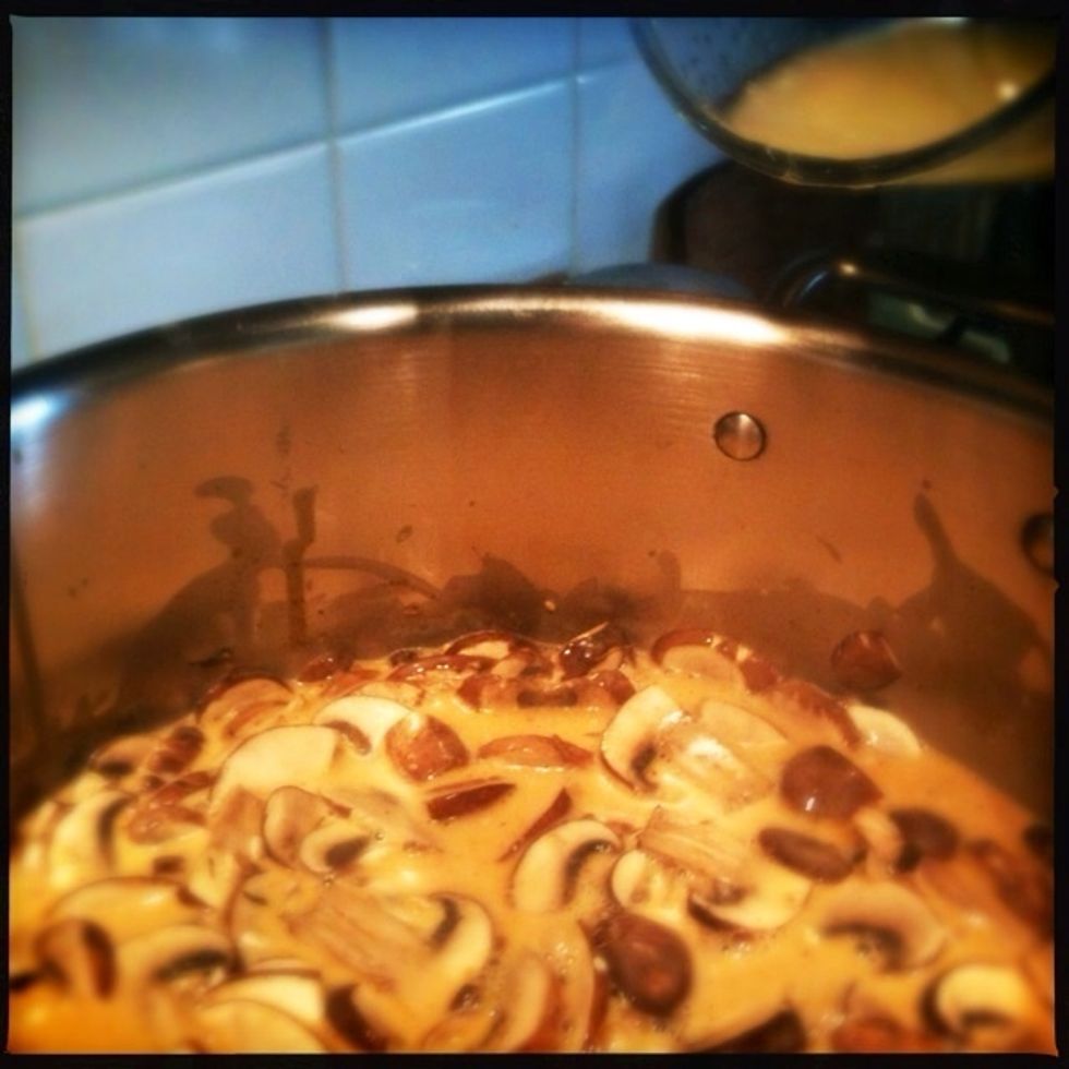 And chicken stock and simmer over medium heat for about 5-7 minutes, or until chicken is cooked through.