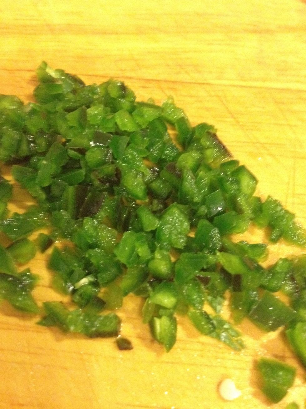 And chop the jalape\u00f1os into tiny pieces. Important: do not touch your eyes with your fingers that have been touching the jalape\u00f1os! Be sure to wash your hands right away with soap and water.