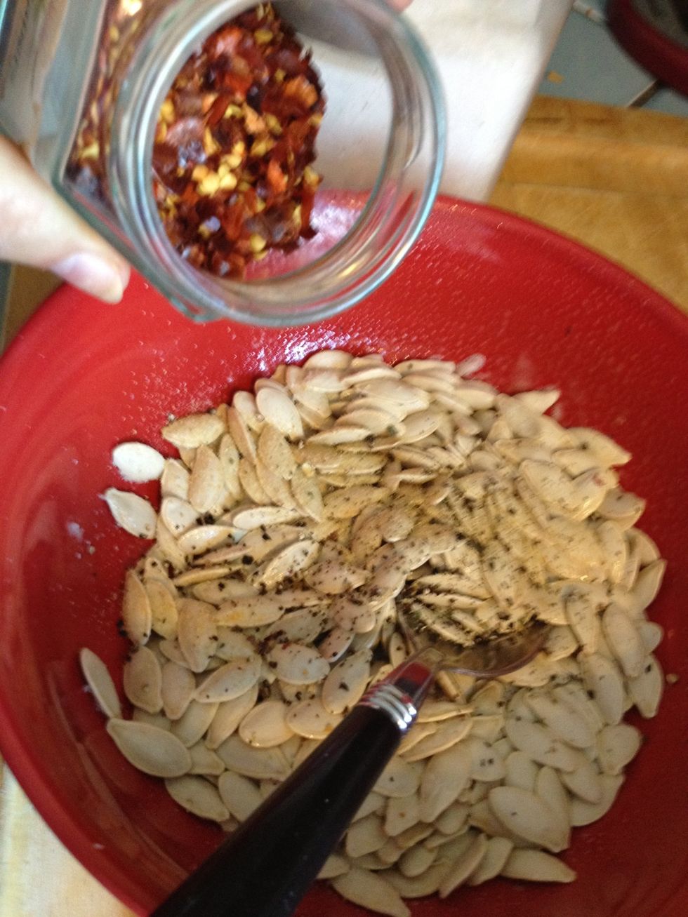 And crushed red pepper. You can also add any spices that you particularly like. Other options might be cumin, paprika, onion salt, whatever your taste buds might suggest.