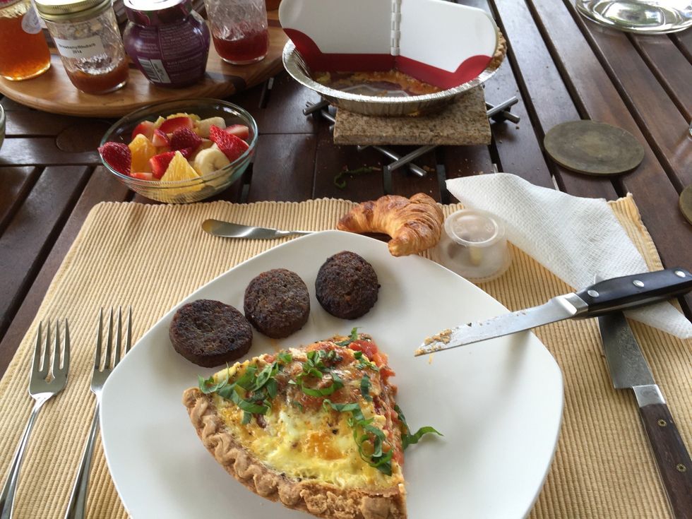 And enjoy!\ud83d\ude0b\ud83d\udc4d\ud83c\udffb. A little fruit, sausage and a fresh croissant round it out. If you don't live near a bakery that makes good croissant.......consider moving!\ud83d\ude09