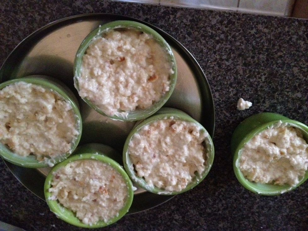 And fill your bread filling in each one I made like 5 but only cooked 3. Leave in fridge for one hour so ingredients soak in. Pre heat oven to 350